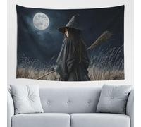 Woshuwo Tapisserie de sorcière tenant un balai sombre - Art mural pour chambre à coucher, salon, dortoir - Tapisserie esthétique moderne pour fêtes - 152,4 x 101,6 cm
