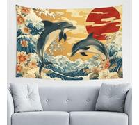 Woshuwo Tapisserie murale japonaise avec deux dauphins sautant pour chambre à coucher, salon, dortoir, tapisserie esthétique moderne pour fêtes 152,4 x 101,6 cm