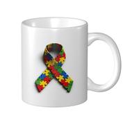 Woshuwo Tasse à café élégante en céramique avec ruban de sensibilisation à l'autisme, rouge, jaune, vert, 325 ml