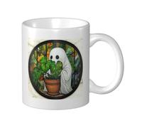 Woshuwo Tasse à café élégante en verre teinté avec fantôme tenant une plante en pot, tasse à eau pour la maison et le bureau, 325 ml
