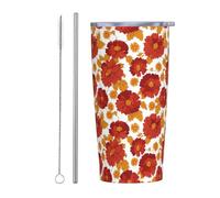 Woshuwo Tasse à café glacé isotherme sous vide avec couvercle et paille, tasse à café glacé, réutilisable, en acier inoxydable à motif de feuille jaune