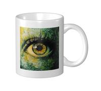 Woshuwo Tasse en céramique avec œil abstrait dans les tons verts et jaunes, tasse à café élégante pour la maison et le bureau, 325 ml