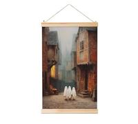 Woshuwo Trois jolis petits fantômes dans la vieille ville rue peinture à suspendre en lin, art mural en lin, œuvre d'art moderne, décoration de ferme, 40 x 60 cm