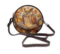 Woshuwo Vitrail Hibou Lecture Feuilles d'automne Femmes Rond Sac à bandoulière en cuir Sac à main