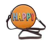 Woshuwo Word Happy In Colorful Letters on Orange Women Round Crossbody Bags Leather Sling Bag Purse