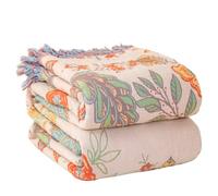 Wotcsil Plaid Canapé en Coton Vert Orange Floral Couverture Jeté Canapé Boho Réversible Couvre Lit Fauteuil Dessus Grande Taille Bohème, 200x230cm