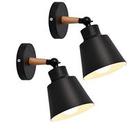 WOTTES Applique Murale Vintage Industrielle Intérieure Lampe Murale Rétro en Métal et Bois E27 Luminaire Murales Angle Réglable Applique Ø12cm Abat-jour pour Salon Chambre à Coucher Café (2Pack Noir)