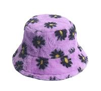 WOTZOV Chapeaux Bobs pour Femmes Automne Hiver Bonnets de Bassin Pelucheux Petit imprimé Marguerite Tout-Match Voyage Chaud Lapin Chapeau de pêcheur,Violet Taille Unique