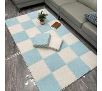 WOTZOV Lot de 10 Tapis De Sol en Mousse Pelucheuse, Dalles De Moquette Emboîtables, Découpables À Faire Soi-Même, Petits Tapis en Mousse, Tapis Moelleux，Blanc et Bleu
