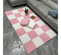 WOTZOV Lot de 10 Tapis De Sol en Mousse Pelucheuse, Dalles De Moquette Emboîtables, Puzzle Carré À Découper Soi-Même，Blanc + Rose
