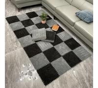 WOTZOV Lot de 10 Tapis De Sol en Mousse Pelucheuse, Dalles De Moquette Emboîtables, Puzzle Carré À Découper Soi-Même，Gris et Noir