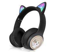 Woukksy Casque Audio Enfant Bluetooth, 85dB Casque sans Fil pour Enfant, Pliable Supra-Auriculaires Écouteurs sans Fil et Filaire avec LED Oreille de Chat et Micro pour Garçon/Fille/Tablette/PC-Noir