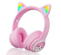 Woukksy Casque Audio Enfant Bluetooth, 85dB Casque sans Fil pour Enfant, Pliable Supra-Auriculaires Écouteurs sans Fil et Filaire avec LED Oreille de Chat et Micro pour Fille/Garçon/Tablette/PC-Rose