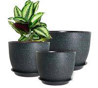 WOUSIWER Lot de 3 Pots de Fleurs décoratifs Modernes en Plastique avec Trous de Drainage et soucoupes pour Plantes d'intérieur, Fleurs et Plantes d'intérieur, mouchetures Noires de 26,4 cm
