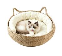 Woven Cat Bed, Portable Nest Cushion Set, Natural Fiber Breathable Pet Rest, Washable Soft Sleeping Basket Unit, Indoor Furniture Friendly Pet Accessory, Living Room Bedroom 13.77x13.77x5,11 Pouces