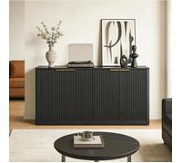 WOVREO Buffet bas 150 cm 4 portes avec facade ondulee meuble TV et rangement en MDF noir