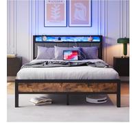 WOVREO Cadre de lit 140 x 200 cm avec LED rangement 2 USB et prise métal et MDF marron antique
