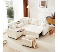 WOVREO Canapé d'angle convertible 205x205x85 cm en chenille beige avec pouf coffre, USB, Type-C et lampe