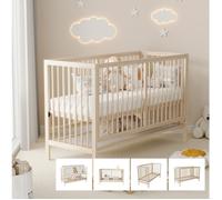 WOVREO Lit bébé transformable 60 x 140 cm en bois massif, hauteur réglable, naturel, sans matelas
