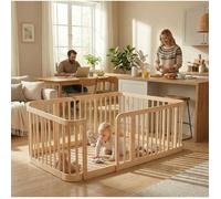 WOVREO Parc bébé modulaire 140 x 200 cm en bois naturel, barreaux 7 cm, coins arrondis, usage intérieur