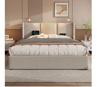 WOVREO Sommier coffre 180 x 200 cm beige avec lampe de lecture, 2 ports USB et ouverture hydraulique