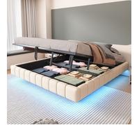 WOVREO Sommier tapissé 180x200 cm avec coffre relevable, LED, sans tête de lit, beige