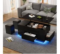 WOVREO Table basse relevable 100x50x45 cm avec LED, 2 tiroirs, rangement caché et 2 tabourets, noir
