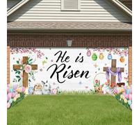 WovWeave Bannière de porte de garage de Pâques 2 x 5 m avec inscription « He is Risen » - Décoration murale religieuse à suspendre pour le printemps et Pâques - Décoration murale chrétienne (mignonne)