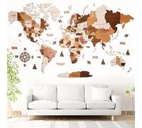 WOW WOOD Carte du Monde en Bois 3D en Français | Décoration murale pour le salon, la chambre ou le bureau | Idée cadeau pour toutes les fêtes (Couleur du bois, 85.00 x 160.00 cms)