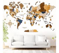 WOW WOOD Carte du Monde en Bois 3D en Français | Décoration murale pour le salon, la chambre ou le bureau | Idée cadeau pour toutes les fêtes (Multicolore, 62.00 x 120.00 cms)