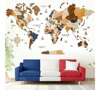 WOW WOOD Carte du Monde en Bois 3D en Français | Décoration murale pour le salon, la chambre ou le bureau | Idée cadeau pour toutes les fêtes (Multicolore, 85.00 x 160.00 cms)