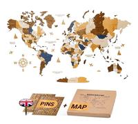 WOW WOOD Premium Décoration murale Carte du monde en bois 3D en anglais avec épingles | Fixation murale sans outil | Idée cadeau pour toute célébration | Décoration murale pour la maison et le bureau