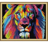 WOWDECOR Kit de broderie au point de croix, animaux de lion colorés 11CT estampillés DIY DMC à l'aiguille facile pour débutants