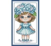 WOWDECOR Kit de broderie au point de croix estampé pour adultes et débutants, pré-imprimé, motif hortensia, poupée de fleur, personnage mignon, 11 carats, 18 x 27 cm, kit de broderie à faire soi-même