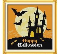 WOWDECOR Kit de broderie au point de croix Motif château d'Halloween et lune 11 CT estampillé DIY DMC Needlework facile débutant