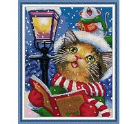 WOWDECOR - Kit de broderie au point de croix pour adultes et enfants, chat et souris de livre de Noël, 11 points estampillés, à faire à l’aiguille, facile pour débutants
