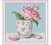 WOWDECOR Kit de broderie au point de croix pour adultes et enfants, coupe à fleurs roses 11 CT estampillé DIY DMC Needlework facile débutant (fleurs)