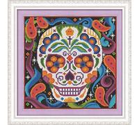WOWDECOR Kit de broderie au point de croix pour adultes et enfants, tête de mort colorée, squelette d'Halloween, 11 ct estampillé à faire soi-même, facile pour débutants