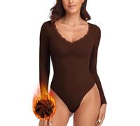 WOWENY Body en micro polaire à manches longues pour femme - Élégant - Dentelle - Chaud - Avec col en V - Body à manches longues - Body traditionnel, marron, XL