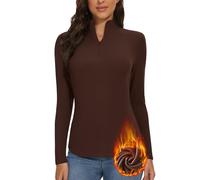 WOWENY Chemise Thermique Femme Zip 1/4 Manches Longues Col Haut en Polaire Col Coréen Demi Zip Sweat-shirt Pull Chaud, marron, Large
