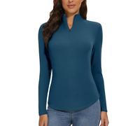 WOWENY Chemise Thermique Femme Zip 1/4 Manches Longues Col Haut en Polaire Col Coréen Demi Zip Sweat-shirt Pull Chaud, bleu, Large