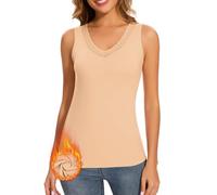 WOWENY Chemise Thermique pour Femme avec Dentelle, Sous-Chemise sans Manches, Camisole en Polaire, Élégante, Top à Col en V, Débardeur en Dentelle Chaud, 2-Beige, XXL