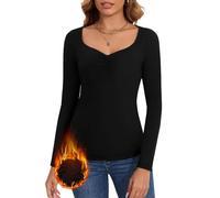 WOWENY Haut thermique pour femme - Pull d'hiver - Col cœur - Manches longues - Sous-vêtements thermiques - T-shirts côtelés - Maillot de corps - T-shirt à manches longues - T-shirt polaire, Noir , XL