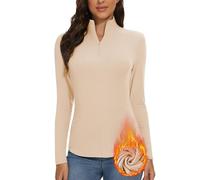 WOWENY T-shirt thermique à manches longues pour femme - Fermeture éclair 1/4 - Doublure polaire - Col montant - Demi-fermeture éclair - Chaud - Manches longues, beige, M