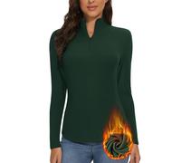 WOWENY T-shirt thermique à manches longues pour femme - Fermeture éclair 1/4 - Doublure polaire - Col montant - Demi-fermeture éclair - Chaud - Manches longues, vert foncé, L