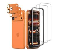 WowFluy Lot de 2 protecteurs d'écran pour iPhone 17 Pro 6,3" + 2 protections d'objectif d'appareil photo en métal orange, outil d'installation facile, verre trempé 9H, forte adsorption sans bulles