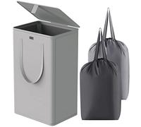 WOWLIVE Grand panier à linge pliable de 100 l avec couvercle, avec 2 sacs et poignées amovibles, grand panier à linge sale pliable pour buanderie, salle de bain, dortoir (gris)