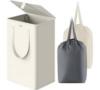 WOWLIVE Grand panier à linge pliable de 100 l avec couvercle, avec 2 sacs et poignées amovibles, grand panier à linge sale pliable pour buanderie, salle de bain, dortoir (beige)