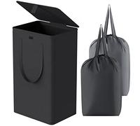 WOWLIVE Grand panier à linge pliable de 100 l avec couvercle, avec 2 sacs et poignées amovibles, grand panier à linge sale pliable pour buanderie, salle de bain, dortoir (noir)