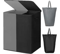 WOWLIVE Panier à linge double de 154 l avec couvercle, grand panier à linge et sacs à linge amovibles, buanderie, placard (gris + noir)